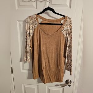Women's Tan Patterned Sleeve Top